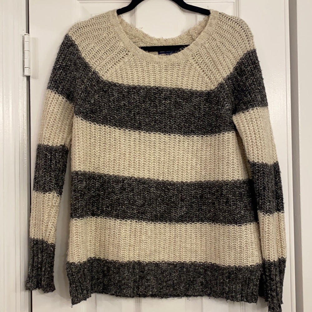 American Eagle Striped Sweater Neutral Cream Gray